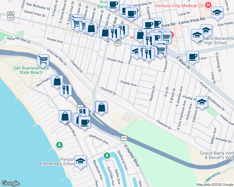 map of restaurants, bars, coffee shops, grocery stores, and more near 622 South Evergreen Drive in Ventura