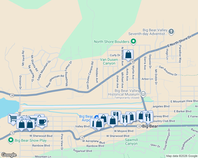 map of restaurants, bars, coffee shops, grocery stores, and more near 1000 Holden Avenue in Big Bear