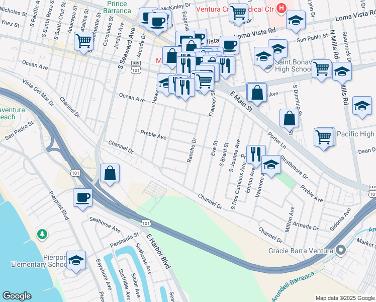 map of restaurants, bars, coffee shops, grocery stores, and more near 425 Rancho Drive in Ventura