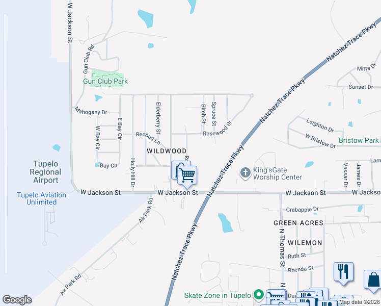 map of restaurants, bars, coffee shops, grocery stores, and more near 722 Robindale Drive in Tupelo