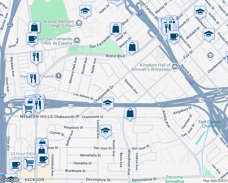 map of restaurants, bars, coffee shops, grocery stores, and more near 10864 Wolcott Place in Los Angeles