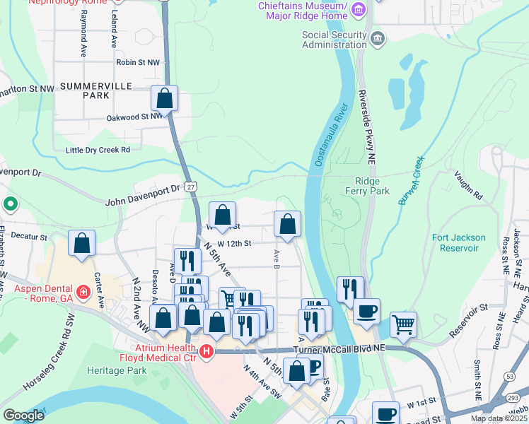 map of restaurants, bars, coffee shops, grocery stores, and more near 205 Oostanaula Drive in Rome