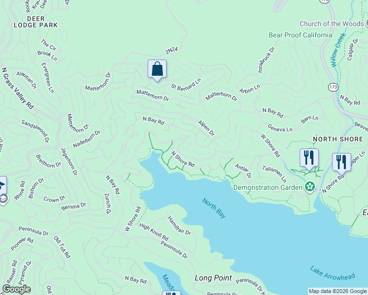 map of restaurants, bars, coffee shops, grocery stores, and more near 27778 West Shore Road in Lake Arrowhead