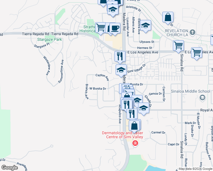 map of restaurants, bars, coffee shops, grocery stores, and more near 1606 Cayton Avenue in Simi Valley