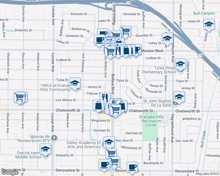 map of restaurants, bars, coffee shops, grocery stores, and more near 10847 Balboa Boulevard in Los Angeles