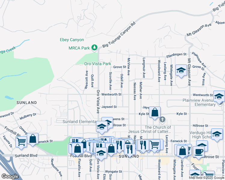 map of restaurants, bars, coffee shops, grocery stores, and more near 10916 Scoville Avenue in Los Angeles
