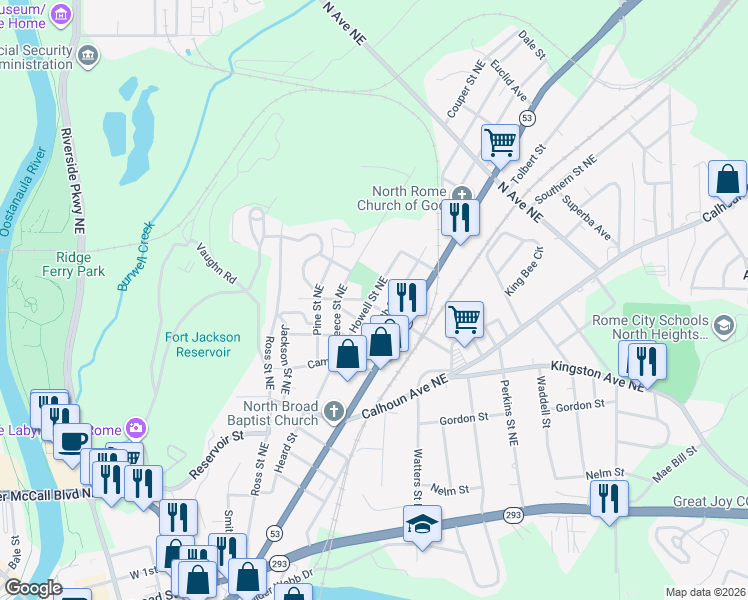 map of restaurants, bars, coffee shops, grocery stores, and more near 108 West Callahan Street in Rome