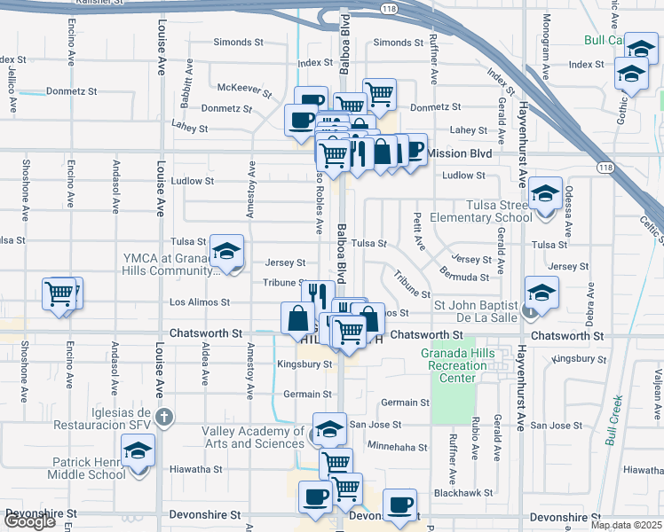 map of restaurants, bars, coffee shops, grocery stores, and more near 10850 Paso Robles Avenue in Los Angeles