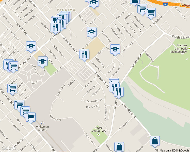 map of restaurants, bars, coffee shops, grocery stores, and more near 12509 Terra Bella Street in Pacoima