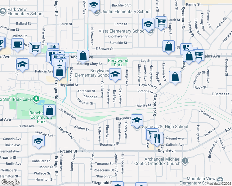 map of restaurants, bars, coffee shops, grocery stores, and more near 1592 Earl Avenue in Simi Valley