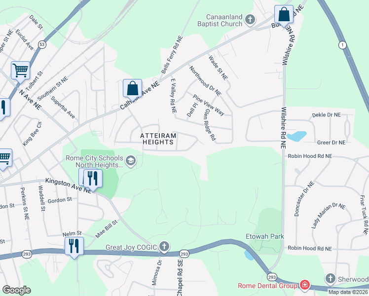 map of restaurants, bars, coffee shops, grocery stores, and more near 119 Atteiram Drive in Rome