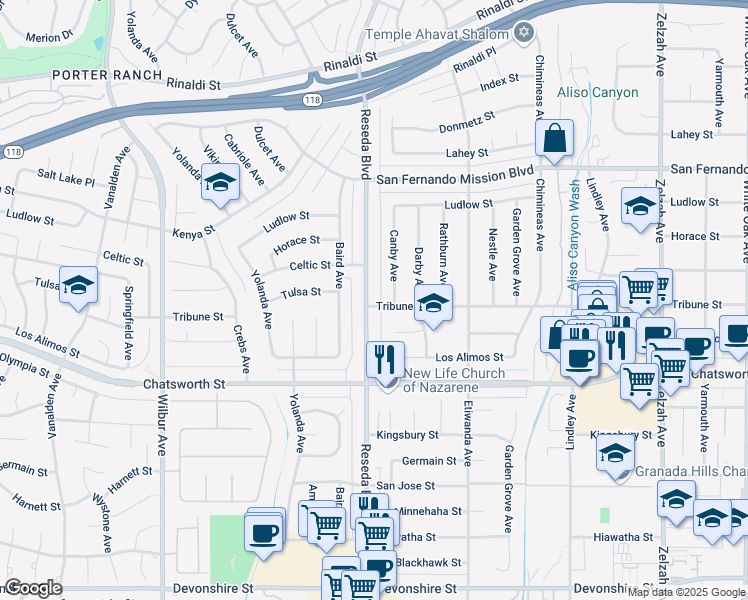 map of restaurants, bars, coffee shops, grocery stores, and more near 10836 Reseda Boulevard in Los Angeles