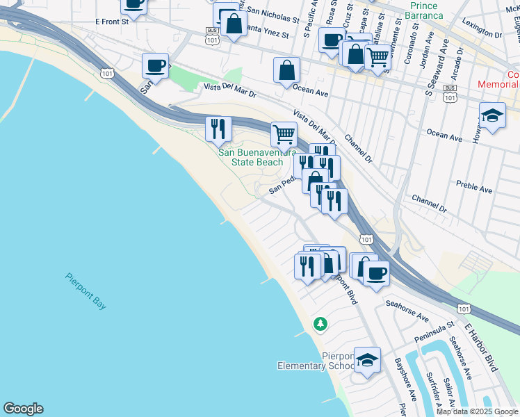 map of restaurants, bars, coffee shops, grocery stores, and more near 938 Sharon Lane in Ventura