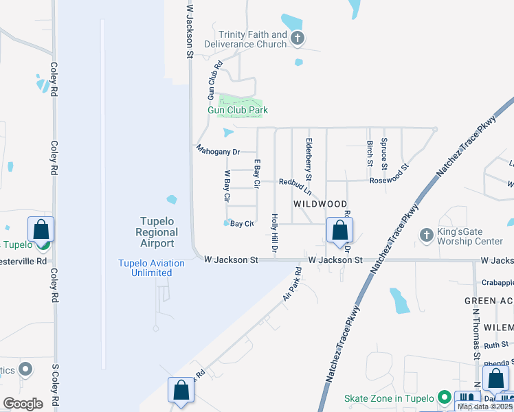 map of restaurants, bars, coffee shops, grocery stores, and more near 2601 Huckleberry Trail in Tupelo