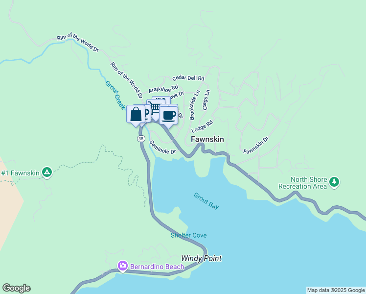 map of restaurants, bars, coffee shops, grocery stores, and more near 1002 Brookside Lane in Fawnskin