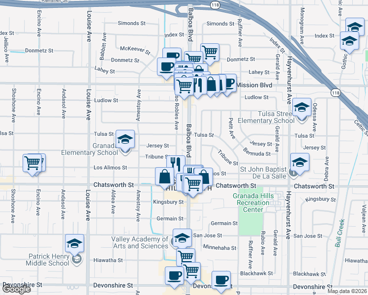 map of restaurants, bars, coffee shops, grocery stores, and more near 10850 Paso Robles Avenue in Los Angeles