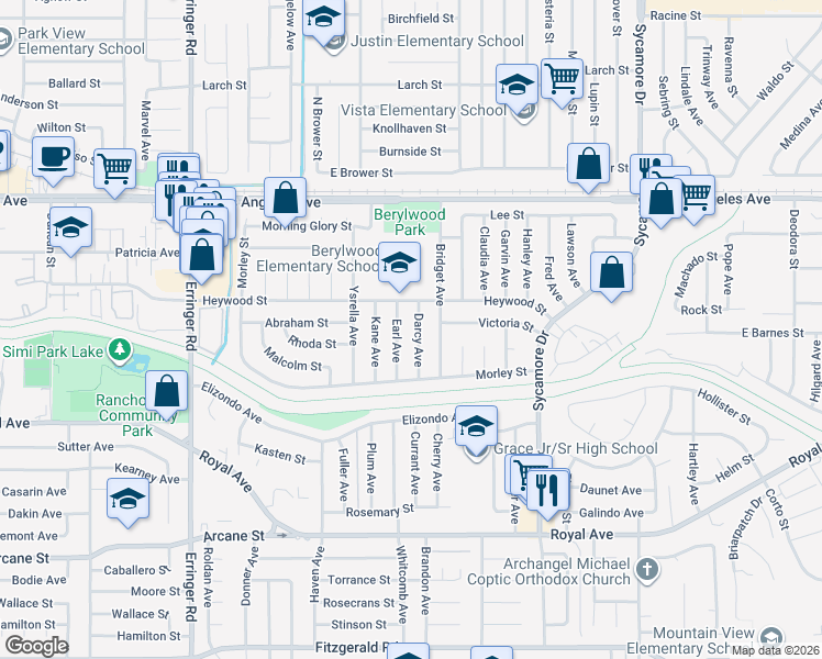 map of restaurants, bars, coffee shops, grocery stores, and more near 1593 Earl Avenue in Simi Valley
