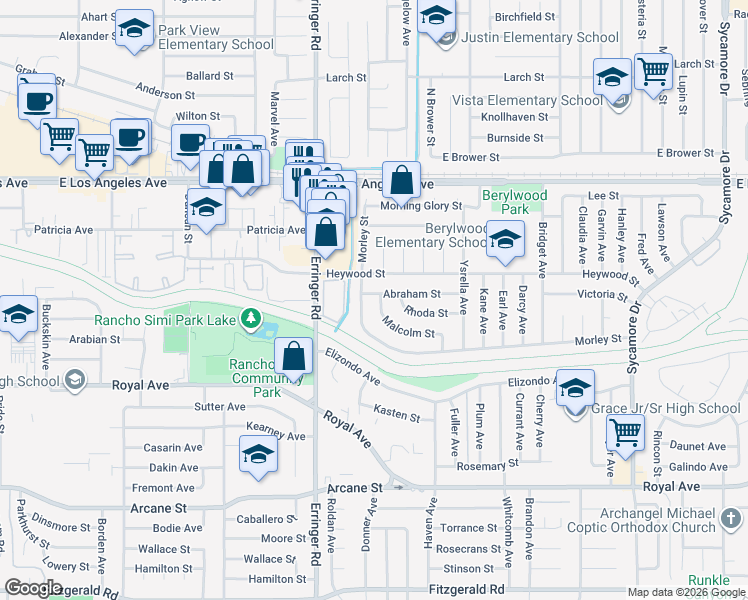 map of restaurants, bars, coffee shops, grocery stores, and more near 1940 Morley Street in Simi Valley