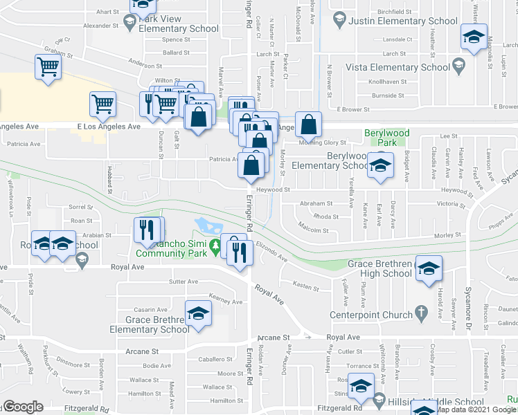 map of restaurants, bars, coffee shops, grocery stores, and more near 1956 Heywood Street in Simi Valley