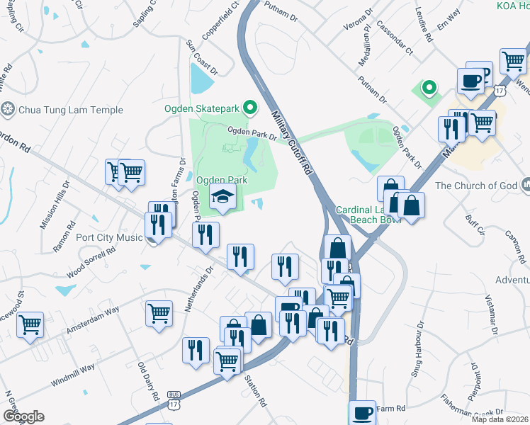 map of restaurants, bars, coffee shops, grocery stores, and more near 7100 Cape Harbor Drive in Wilmington