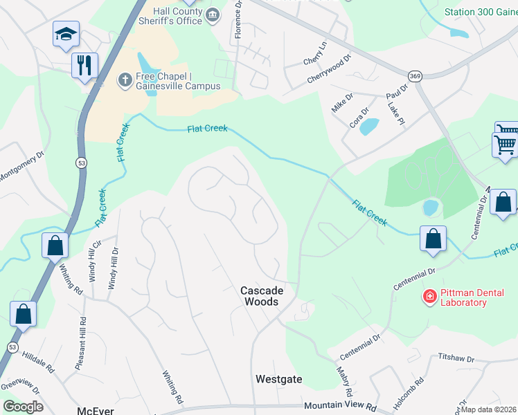 map of restaurants, bars, coffee shops, grocery stores, and more near 3015 Applewood Way Southwest in Gainesville