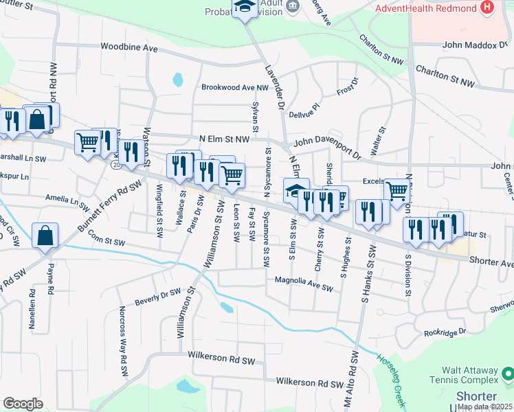 map of restaurants, bars, coffee shops, grocery stores, and more near 1103 Shorter Avenue in Rome
