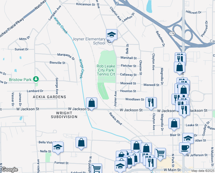 map of restaurants, bars, coffee shops, grocery stores, and more near 107 Briarwood Circle in Tupelo