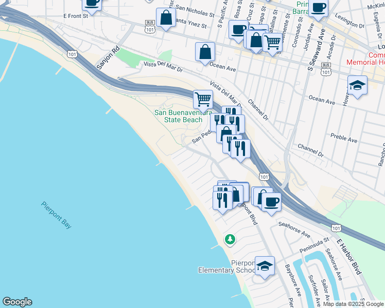 map of restaurants, bars, coffee shops, grocery stores, and more near 2036 Pierpont Boulevard in Ventura