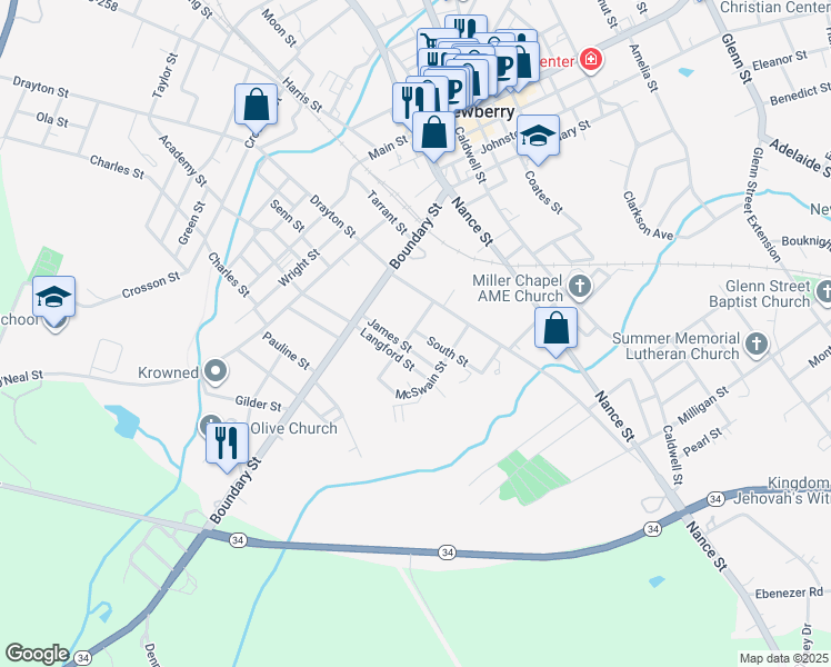 map of restaurants, bars, coffee shops, grocery stores, and more near 708 Brantley Street in Newberry