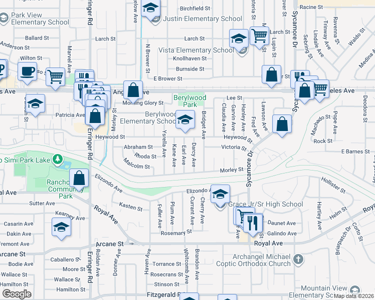 map of restaurants, bars, coffee shops, grocery stores, and more near 1592 Earl Avenue in Simi Valley