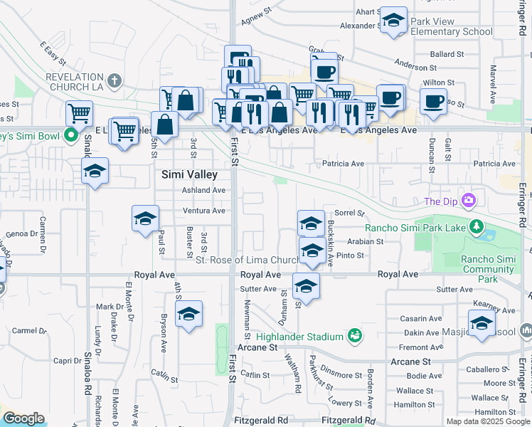 map of restaurants, bars, coffee shops, grocery stores, and more near 1604 Rose Arbor Lane in Simi Valley