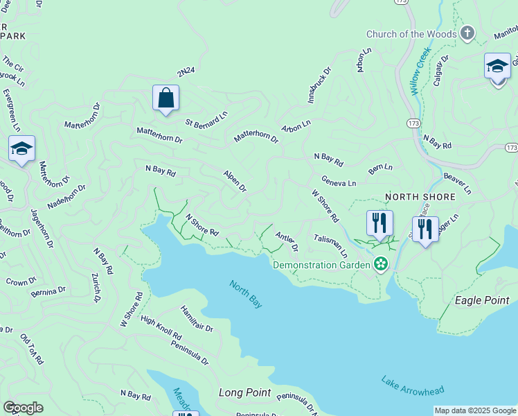 map of restaurants, bars, coffee shops, grocery stores, and more near 27914 West Shore Road in Lake Arrowhead