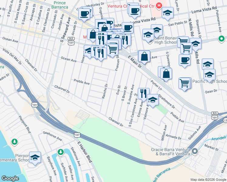 map of restaurants, bars, coffee shops, grocery stores, and more near 400 Frances Street in Ventura