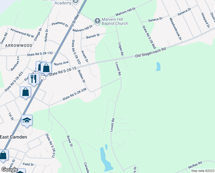 map of restaurants, bars, coffee shops, grocery stores, and more near 1582 Bradley Rd in Camden