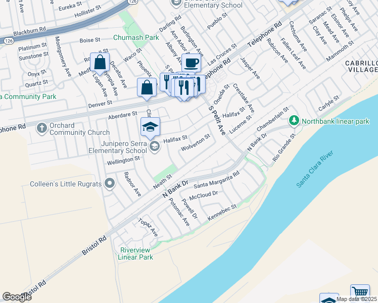 map of restaurants, bars, coffee shops, grocery stores, and more near 9152 Wolverton Street in Ventura