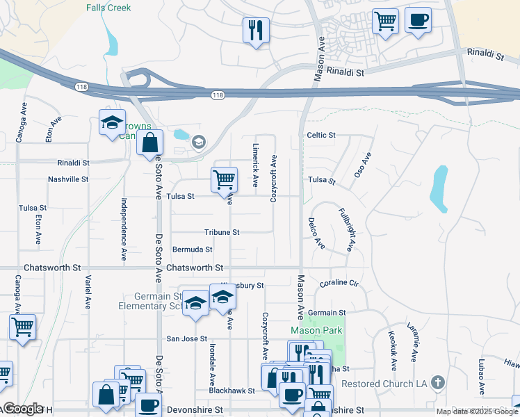 map of restaurants, bars, coffee shops, grocery stores, and more near 20609 Horace Street in Los Angeles
