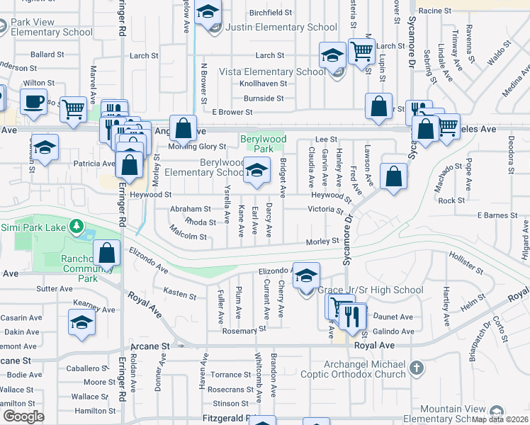 map of restaurants, bars, coffee shops, grocery stores, and more near 1593 Earl Avenue in Simi Valley