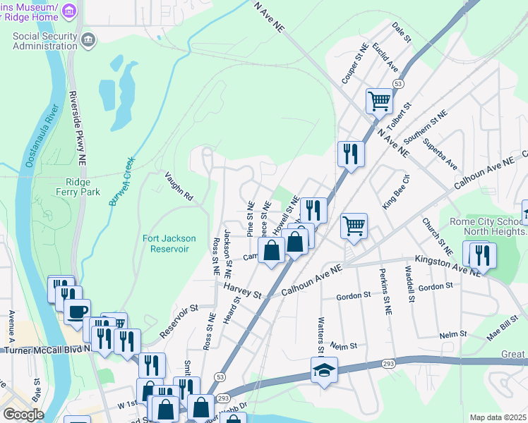 map of restaurants, bars, coffee shops, grocery stores, and more near 200 Reece Street Northeast in Rome