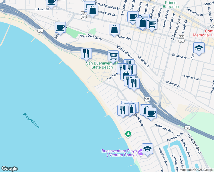 map of restaurants, bars, coffee shops, grocery stores, and more near 2036 Pierpont Boulevard in Ventura