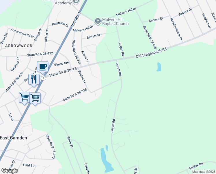 map of restaurants, bars, coffee shops, grocery stores, and more near 1582 Bradley Road in Camden