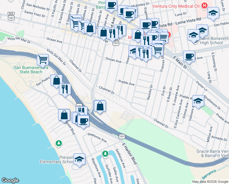 map of restaurants, bars, coffee shops, grocery stores, and more near 622 South Evergreen Drive in Ventura