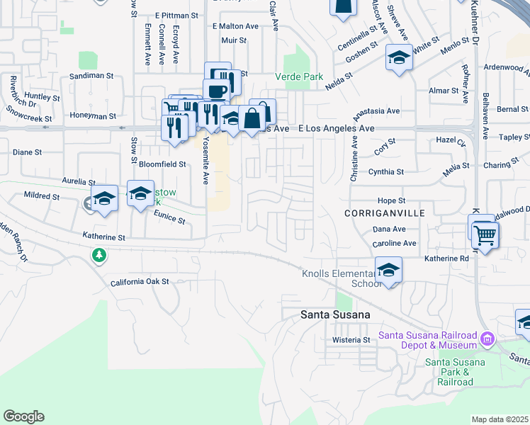 map of restaurants, bars, coffee shops, grocery stores, and more near 1550 Rory Lane in Simi Valley