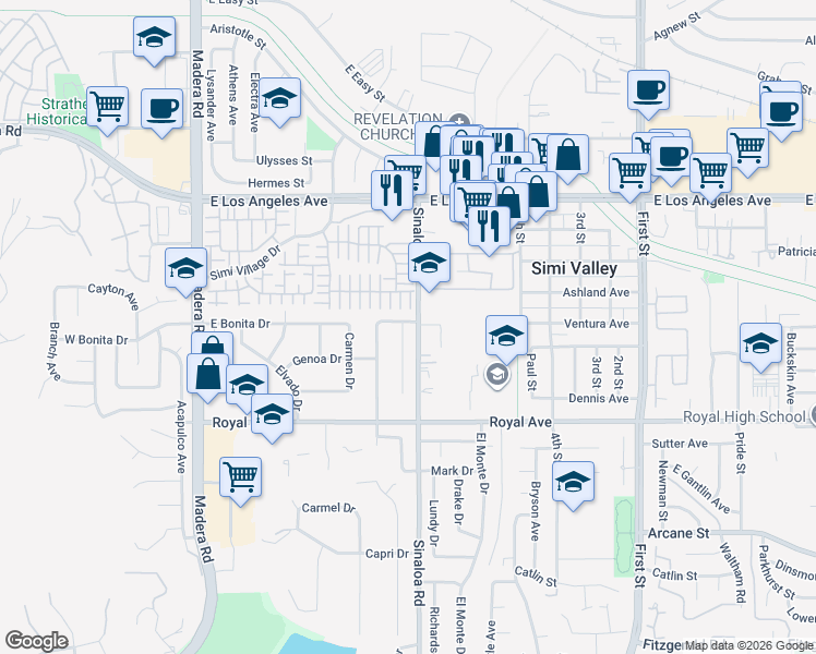 map of restaurants, bars, coffee shops, grocery stores, and more near 1576 Milan Drive in Simi Valley