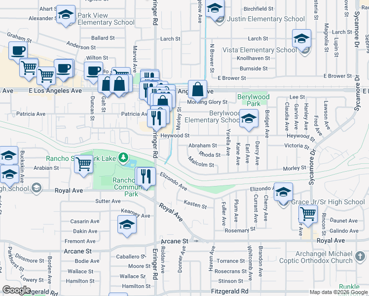 map of restaurants, bars, coffee shops, grocery stores, and more near 1940 Morley Street in Simi Valley