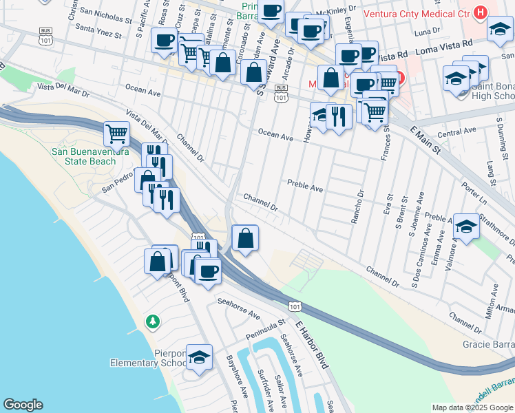 map of restaurants, bars, coffee shops, grocery stores, and more near Haley Point Drive in Ventura
