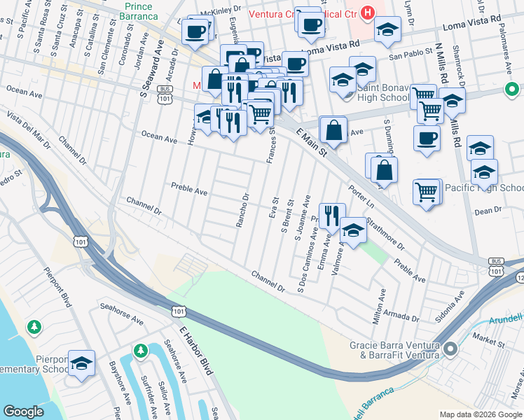 map of restaurants, bars, coffee shops, grocery stores, and more near 400 Frances Street in Ventura