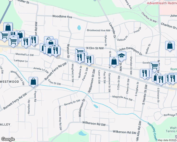 map of restaurants, bars, coffee shops, grocery stores, and more near 7 Paris Drive Southwest in Rome