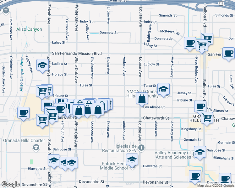 map of restaurants, bars, coffee shops, grocery stores, and more near 17425 Tribune Street in Los Angeles