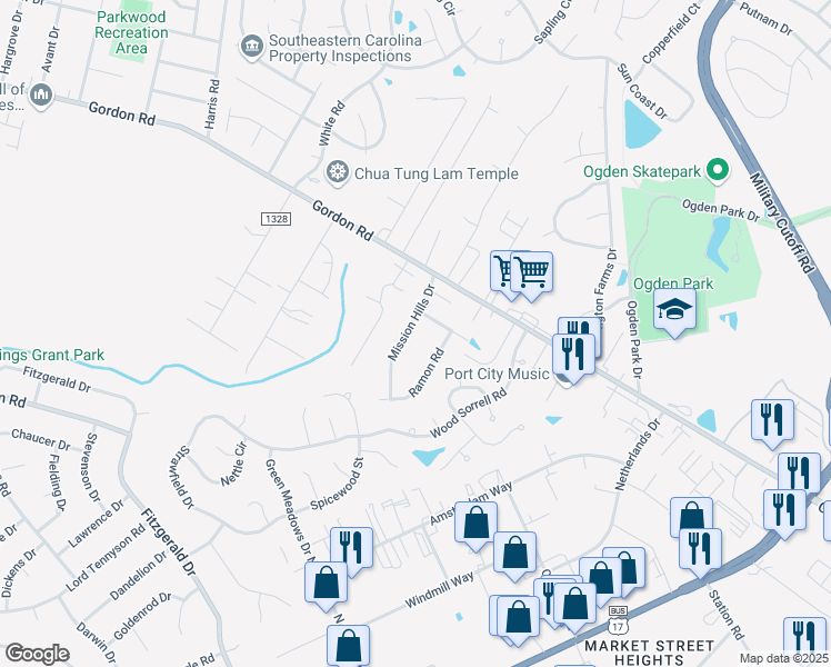 map of restaurants, bars, coffee shops, grocery stores, and more near 1842 Mission Hills Drive in Wilmington