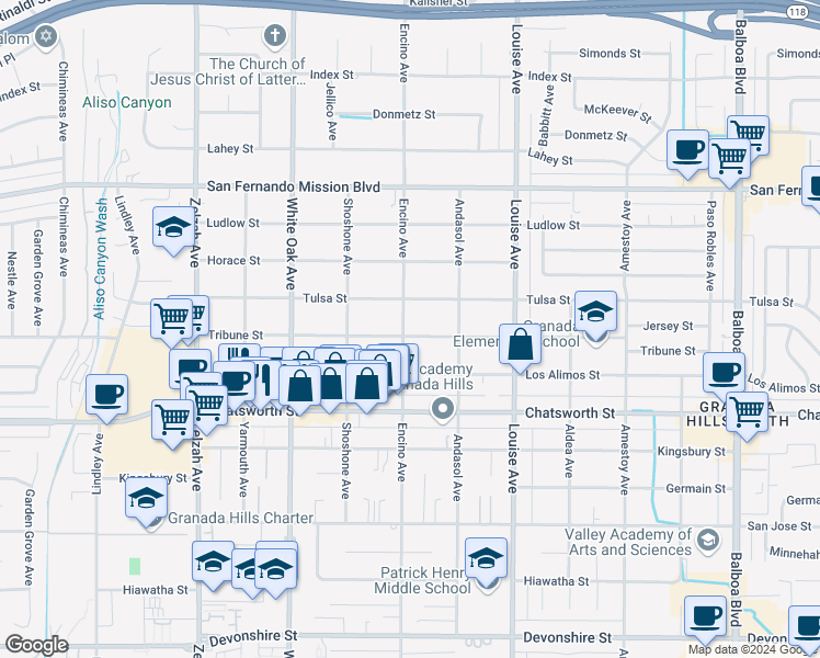 map of restaurants, bars, coffee shops, grocery stores, and more near 17455 Tribune Street in Los Angeles